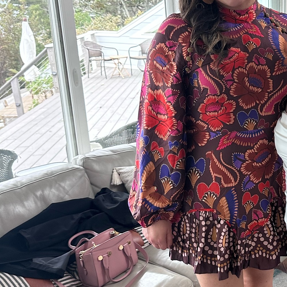 Farm Rio Satin Floral Long-Sleeve Minidress
Color: BROWN 
Size: X-Large